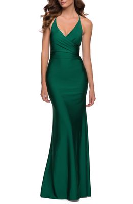 La Femme Wrap Front Strappy Back Jersey Gown in Emerald