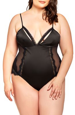 iCollection Lace Trim Satin & Mesh Teddy in Black