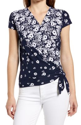 Loveappella Faux Wrap Border Top in Navy/Ivory