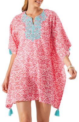 Tommy Bahama Scrolls Embroidered Split Neck Cover-Up Tunic in Coral Coast