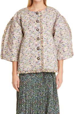 Kika Vargas Tiera Floral Print Puff Sleeve Quilted Stretch Cotton Jacket in Nude Floral Print
