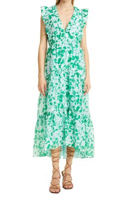 La Ligne Floral Ruffle Shoulder Sleeveless Cotton & Silk Voile Dress in Pale Blue/Kelly Green