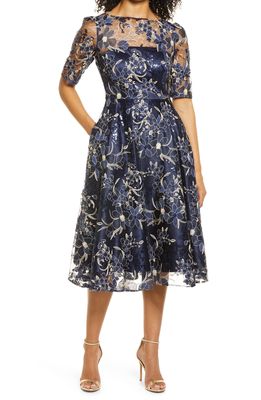 Eliza J Sequin Floral Embroidery Fit & Flare Cocktail Midi Dress in Navy