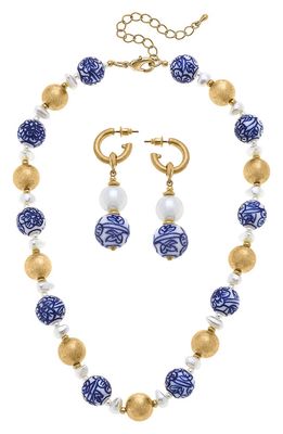 Canvas Jewelry Drop Earrings & Necklace Set in Worn Gold