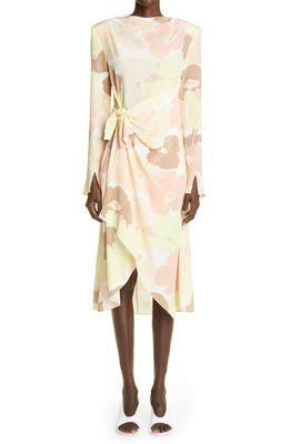 St. John Collection Watercolor Floral Print Draped Panel Silk Dress in Soft Pink Multi