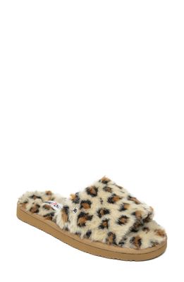 Minnetonka Faux Fur Slide Slipper in Cream Leopard Print