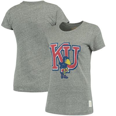 Women's Original Retro Brand Heathered Gray Kansas Jayhawks Tri-Blend Crew Neck T-Shirt in Heather Gray