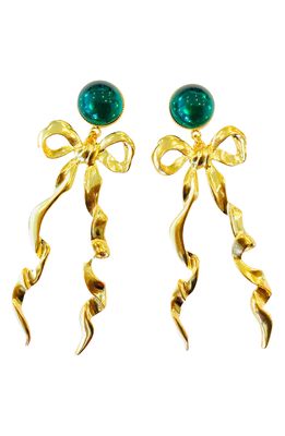 The Pink Reef Elongated Bow Drop Earrings in Emerald