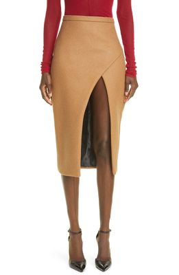 LaQuan Smith Open Front Boiled Wool Blend Pencil Skirt in Camel