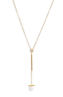 Knotty Imitation Pearl Drop Y-Necklace in Gold