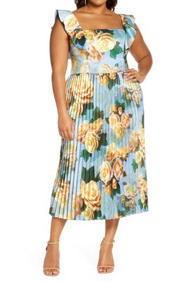 Chi Chi London Floral Flounce Sleeve Pleated Cocktail Dress in Blue