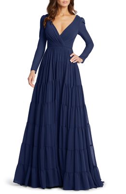Ieena for Mac Duggal Long Sleeve Chiffon A-Line Gown in Midnight
