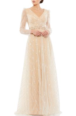 Mac Duggal Embroidered Net Long Sleeve A-Line Gown in Champagne