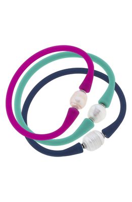 Canvas Jewelry Canvas Bali Set of 3 Pearl Silicone Bracelets in Navy/Mint/Magenta