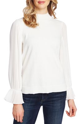 CeCe Pleated Sleeve Mock Neck Sweater in Antique White