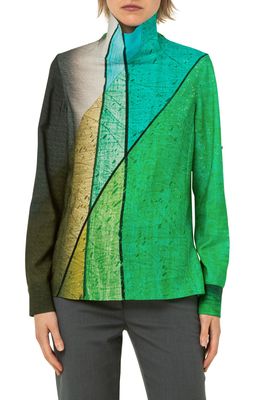 Akris Liquid Light Print Wool Mousseline Blouse in Aloe-Multicolor