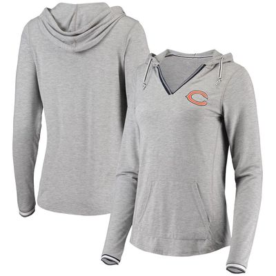 Women's Antigua Heathered Gray Chicago Bears Warm-Up Tri-Blend Hoodie Long Sleeve V-Neck T-Shirt in Heather Gray
