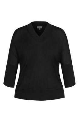 City Chic Classic 3/4 Sleeve V-Neck Wool Blend Sweater in Black