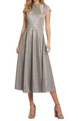 Mac Duggal Sparkle Pleated Cap Sleeve Midi Fit & Flare Dress in Silver