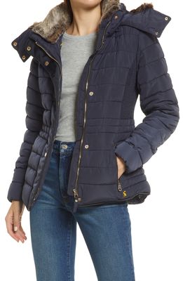 Joules Gosway Water Resistant Puffer Jacket with Removable Hood & Faux Fur Trim in Marine Navy