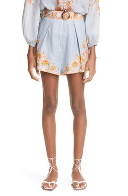 Zimmermann Andie Floral Print Tucked Linen Shorts in Dusty Blue Floral