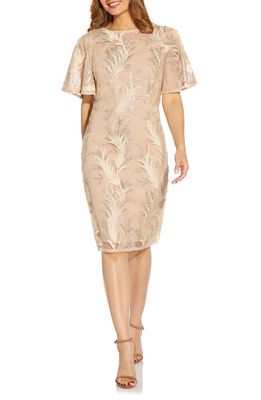 Adrianna Papell Embroidered Sequin Midi Dress in Light Champagne