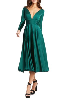 Mac Duggal Long Sleeve Plunge Neck Cocktail Midi Dress in Emerald