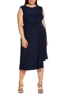 Adrianna Papell Asymmetric Jersey Cocktail Midi Dress in Midnight