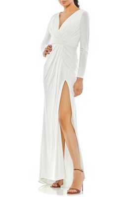 Mac Duggal Long Sleeve Wrap Jersey Gown in White