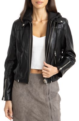 BLANKNYC Faux Leather Bomber Jacket with Removable Hood in Bankroller