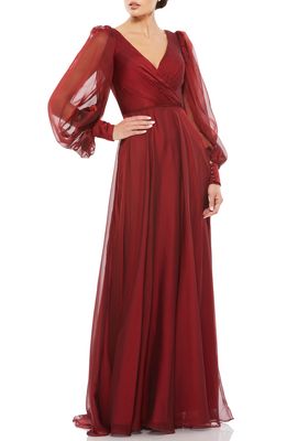 Mac Duggal Illusion Long Sleeve A-Line Gown in Garnet