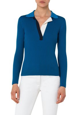 Akris punto Tricolor Collar Rib Merino Wool Polo Sweater in Denim-Black-Azure