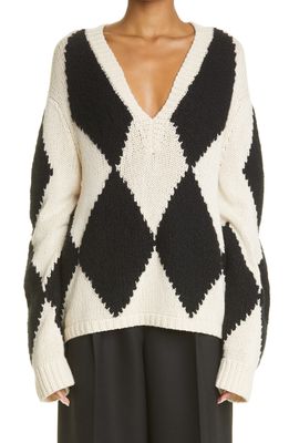 Khaite Valerie Diamond Intarsia Oversize Cashmere Sweater in Cream/Black