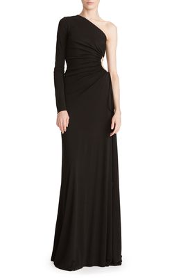 HALSTON One-Shoulder Long Sleeve Jersey Gown in Black