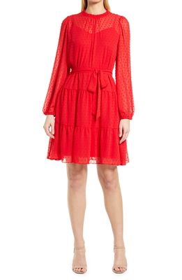 Julia Jordan Semisheer Long Sleeve Tie Waist Tiered Dress