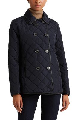 Lauren Ralph Lauren Double Breasted Quilted Peacoat with Faux Leather Trim in Dk Navy