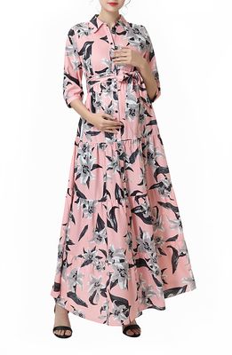 Kimi and Kai Cora Floral Belted Maternity/Nursing Maxi Dress in Pink