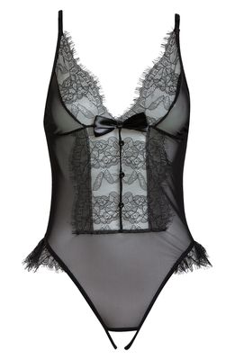 Coquette Lace & Mesh Open Gusset Teddy in Black