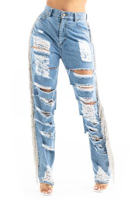 NICHOLE LYNEL THE LABEL Crystal Fringe Ripped Nonstretch Jeans in Black Denim