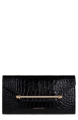 Strathberry Multrees Croc Embossed Leather Wallet on a Chain in Black