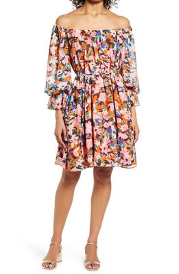 Donna Morgan Floral Long Sleeve Crepe Dress in Tangerine/Pink