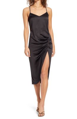 Open Edit Strappy Shirred Sleeveless Midi Dress in Black
