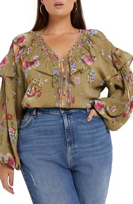 River Island Floral Print Ruffle Blouse in Green