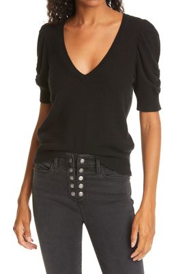 FRAME Frankie Recycled Cashmere Short Sleeve Sweater in Noir