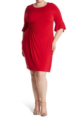 Connected Apparel Gathered Bell Sleeve Faux Wrap Dress in Apple Red