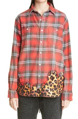 R13 Tattered Hem Flannel Button-Up Shirt in Red Plaid W/Leopard