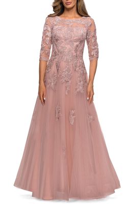 La Femme Embellished Lace A-Line Gown in Dark Blush