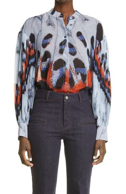 Altuzarra Patsy Butterly Print Pleat Button-Up Blouse in Coventry Blue Moth