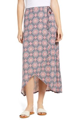 Loveappella Faux Wrap Midi Skirt in Navy/Coral