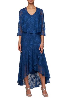 Alex Evenings Textured Floral Burnout High/Low Dress with Jacket in Royal